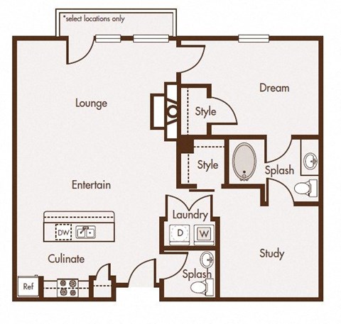 Floor plan for 1 bed, 1.5 baths, 1136 sqft